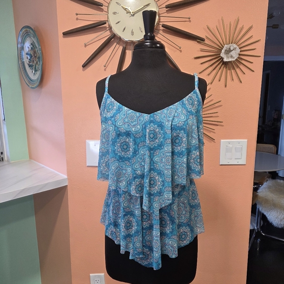 Vintage Fairy Teal Mesh Tankini Top Beach House 14 Tiered Mandala Print - Picture 5 of 15